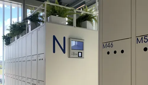 Smart lockers installed in a modern workspace