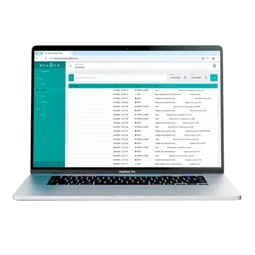 Cloud interface showing historical usage of lockers and every action performed in the lockers