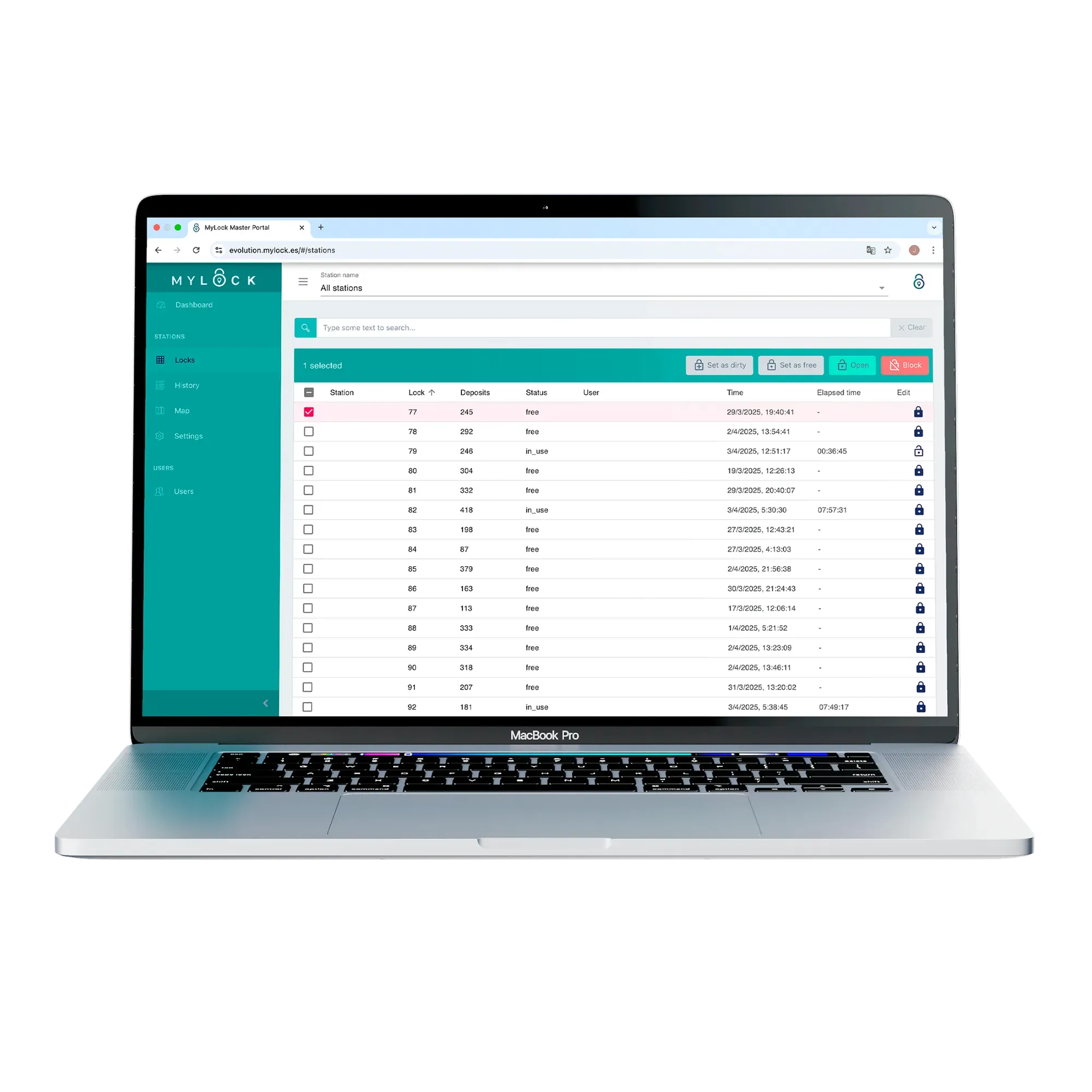 MyLock cloud dashboard: per-locker status view