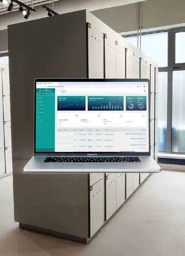 MyLock cloud dashboard interface with user and locker stats.