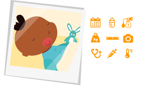 Kidido main features icons: calendar, pumping, weight, height, pics, paediatrician, vaccines, temperature