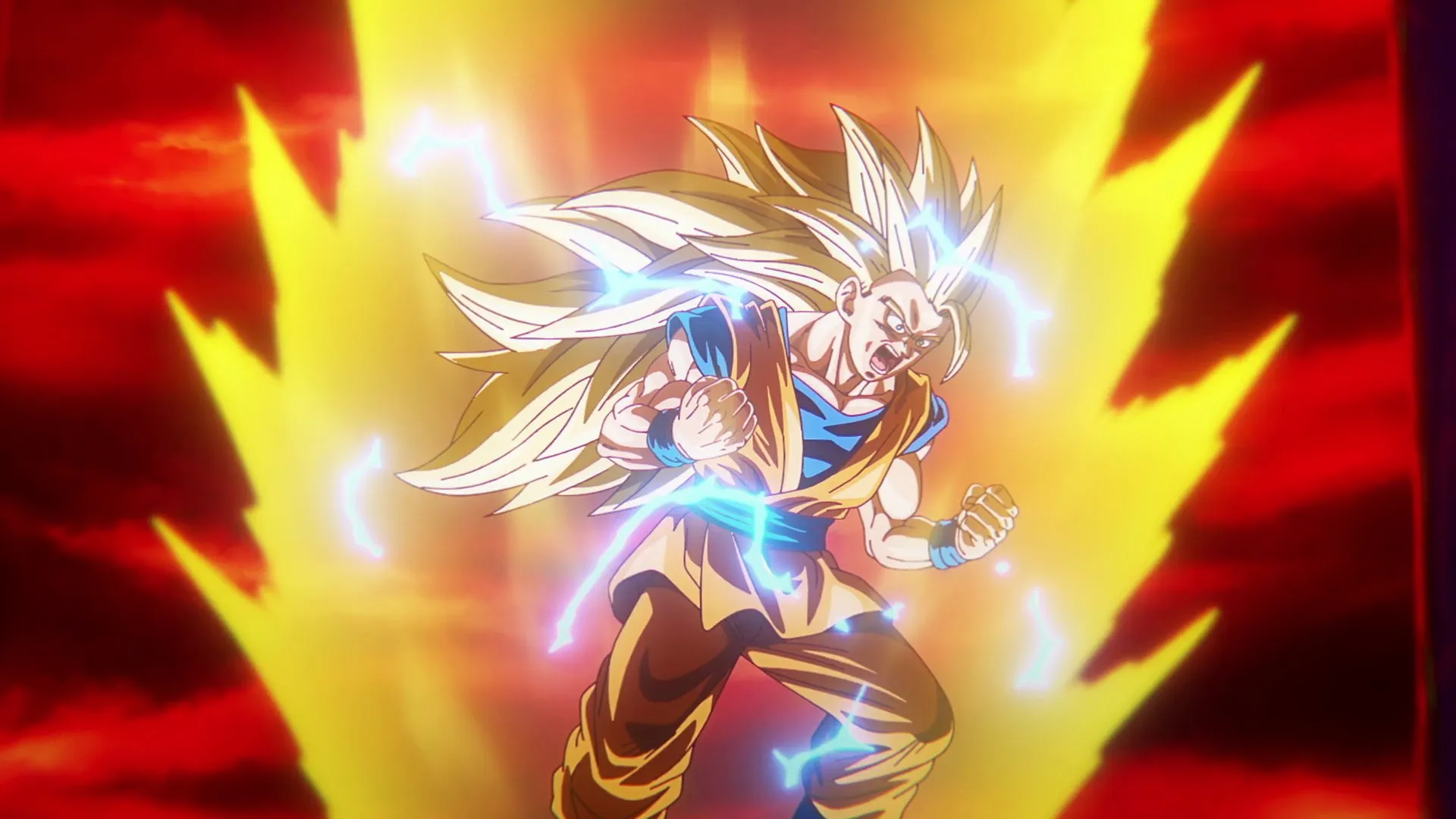 Goku transforming into Super Saiyan 3 with golden energy aura and lightning