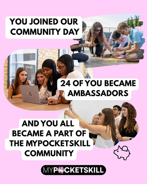 Infographic showing MyPocketSkill Community Day 2025 helping young people to discover more ways to earn money and save money with side hustles.