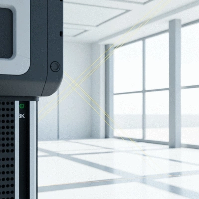 3D laser scanner device in action capturing data in an indoor environment, no text, no words, no typography, no labels, clean image