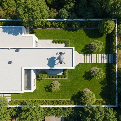 Overhead view of a modern house showing its exterior and landscaped garden with a drone in the sky.