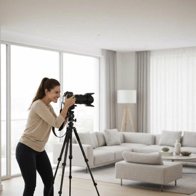 Professional real estate photographer taking a picture of a modern living room with a camera on a tripod.