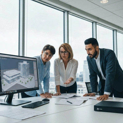 Architects reviewing a detailed 3D model of a building on a large screen