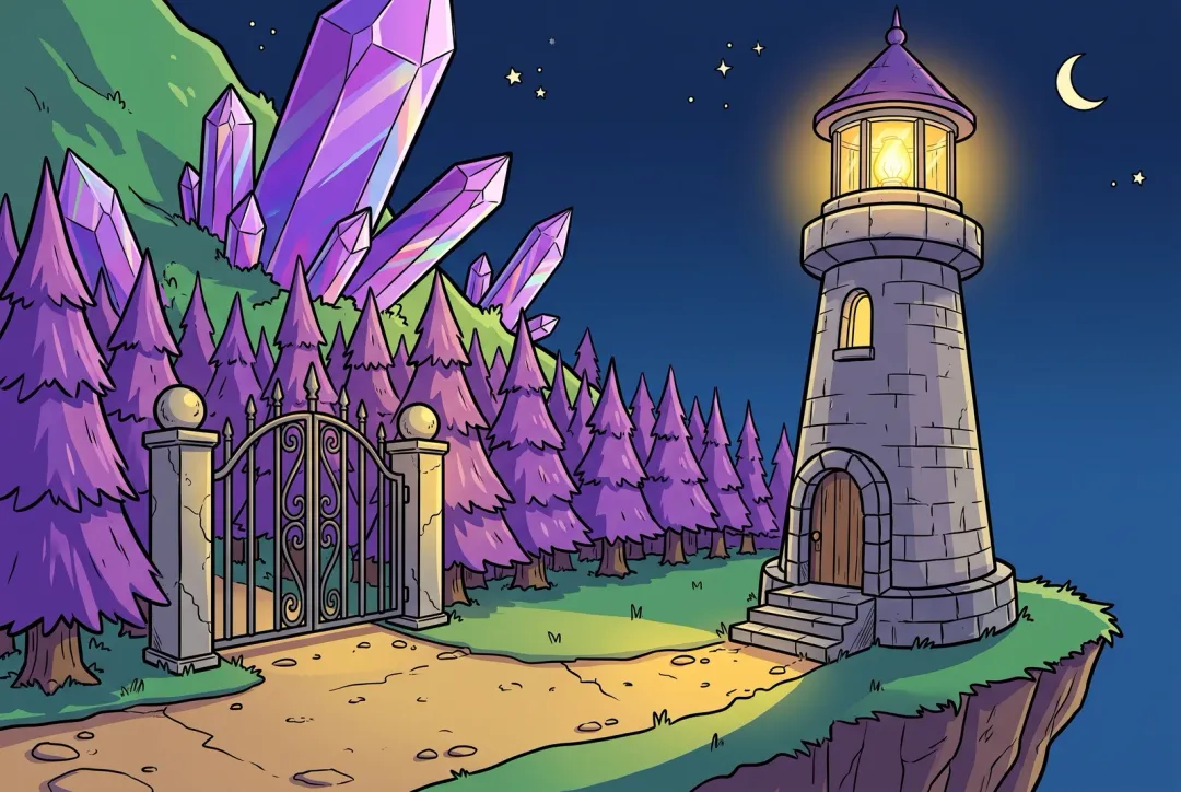 A lighthouse at night behind an iron gate.