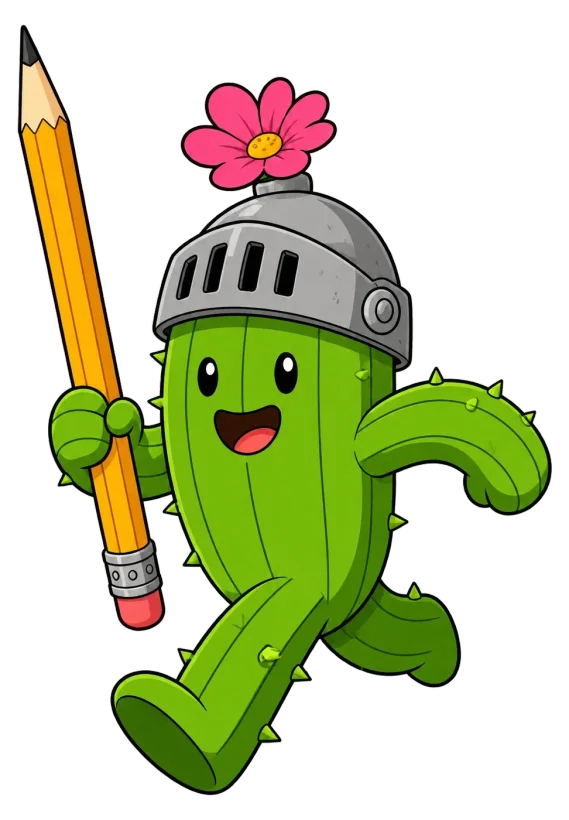 Spike, a cheerful cactus knight with a pencil for a lance.