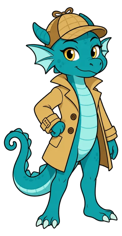 Pepper, a small teal dragon detective in a trench coat.