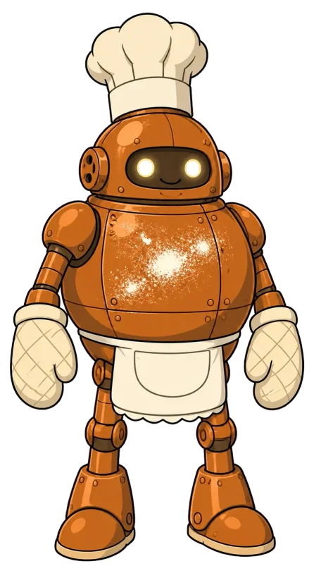 Crumb, a round copper robot in a baker's apron.