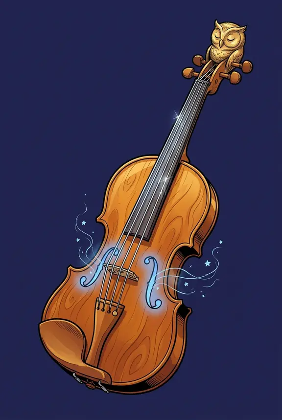 A wooden violin with a sleeping golden owl carved on its scroll.