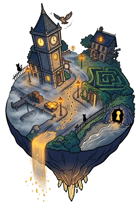 Cluemont, a foggy mystery island with a clock tower