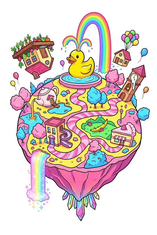 Gigglewick, a candy-coloured island with a giant rubber duck