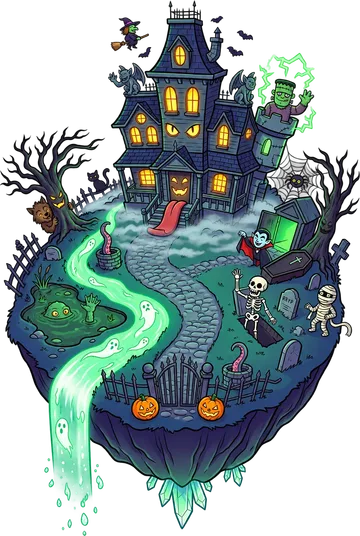 Gloomhollow, a spooky floating island with a haunted house.