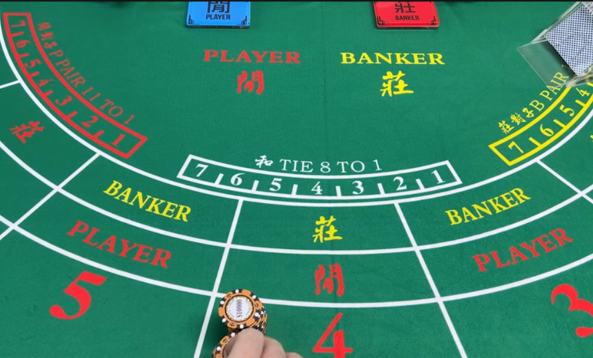 傳統百家樂賭桌圖，清楚標示莊家BANKER、閒家PLAYER、和局TIE 8賠1，現場下注真實畫面，常見於娛樂城與實體賭場