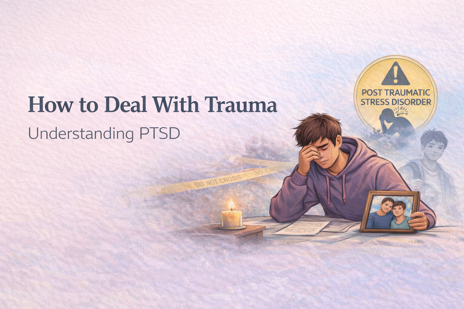 How to deal with trauma and understand post traumatic stress disorder PTSD illustration showing a person coping with grief and emotional stress