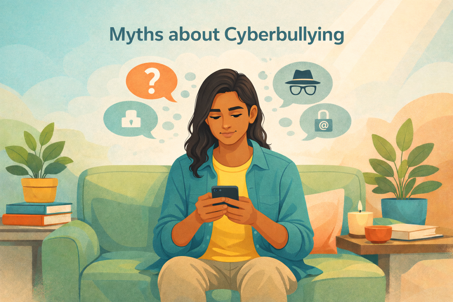 Myths about Cyberbullying mental health illustration showing an Indian young woman calmly using her smartphone with symbolic icons like question mark, anonymity and privacy signs representing common misconceptions about cyberbullying.