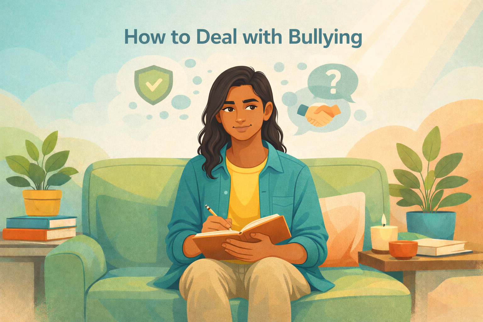How to Deal with Bullying mental health illustration showing an Indian young woman writing in a journal with supportive symbols like a shield and handshake, representing coping strategies, protection, and seeking help.