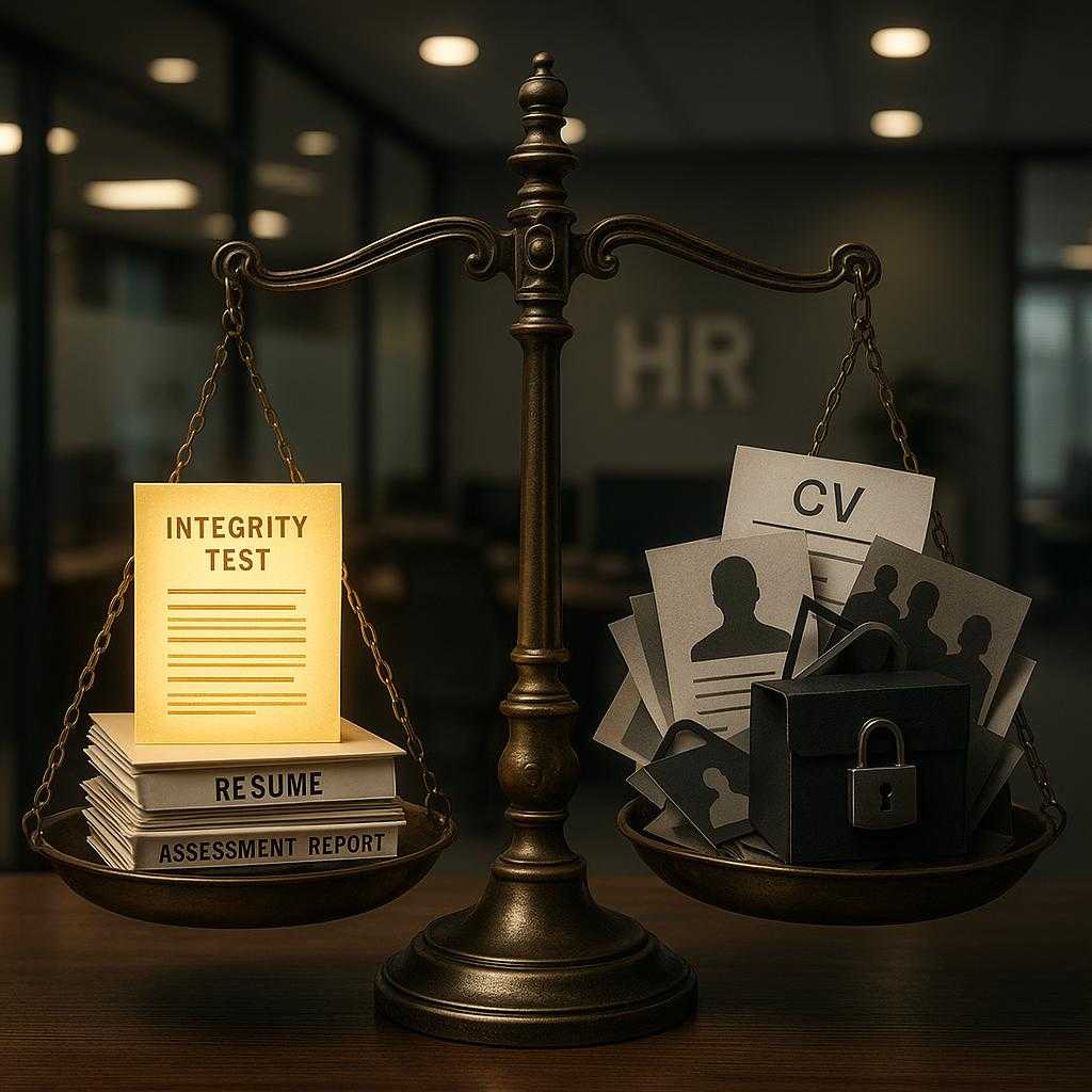 A metaphorical scene of a set of antique brass scales in perfect balance. On one side: a stack of validated resumes, assessment reports, and a glowing integrity test result. On the other: a jumble of unverified CVs, shadowy silhouettes, and a black box locked tight. The background is a professional HR office, and the lighting spotlights the balance, symbolizing how structured, data-driven assessment methods weigh out risk and build trust.