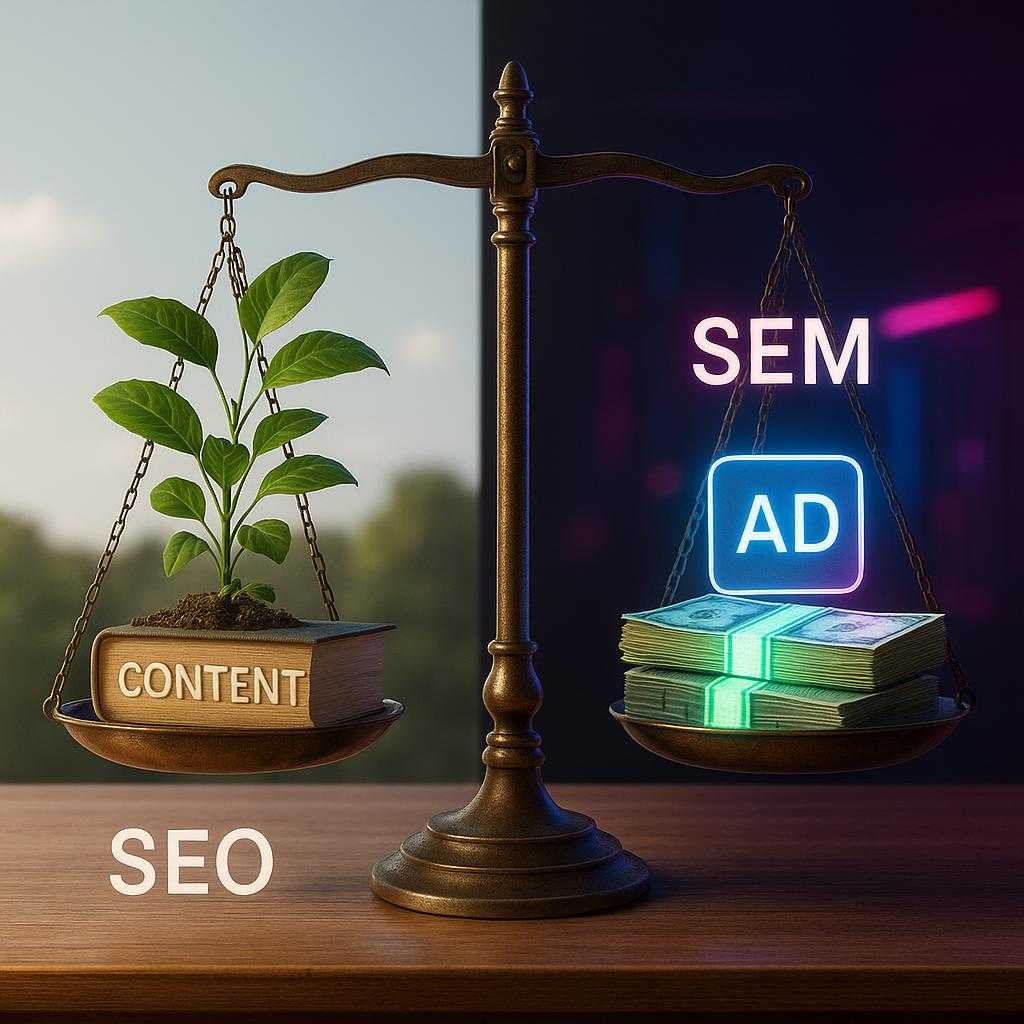 A visual metaphor contrasting SEO and SEM: a balanced scale on a business desk. On one side, lush, organic green leaves grow from a stack of content-rich books (representing organic SEO); on the other, a pile of crisp dollar bills emits a glowing digital ad symbol (representing SEM). The background splits between daylight (longevity, growth) and neon-lit night (instant results), symbolizing the key differences and complementary roles of SEO and SEM.