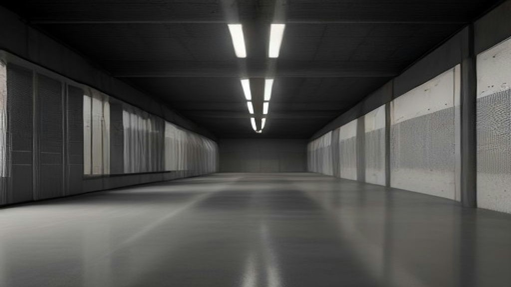 A long empty data center corridor lined with dark server racks, lit by overhead strip lights reflecting on the polished floor