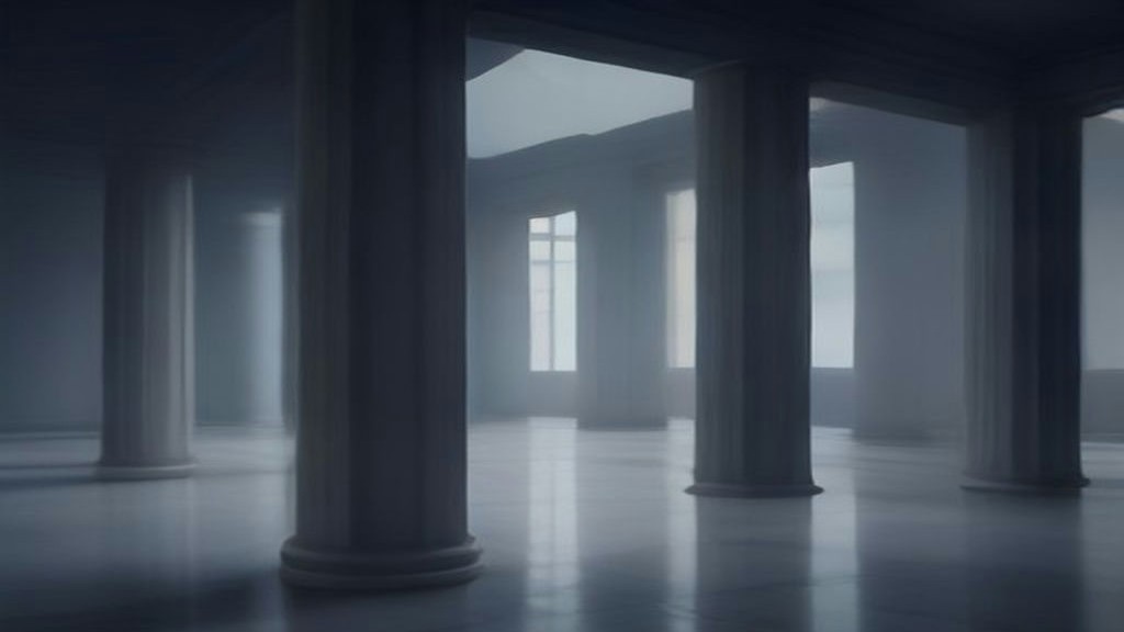 Editorial illustration: three frosted glass data columns of uneven height on a dark navy backdrop connected by thin amber light lines, evoking multi-node inference across private clusters