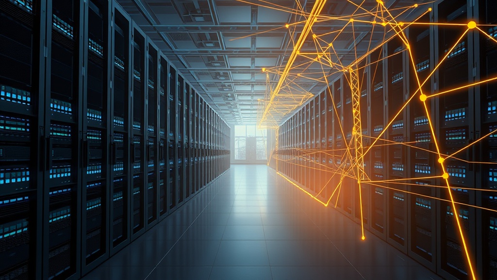 Editorial illustration of a vast AI data center with glowing data-routing pathways and an abstract power grid