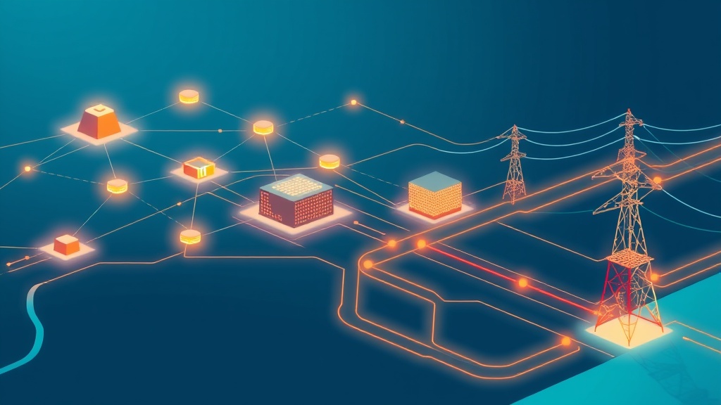 Abstract editorial diagram of AI data center energy infrastructure and flowing data streams