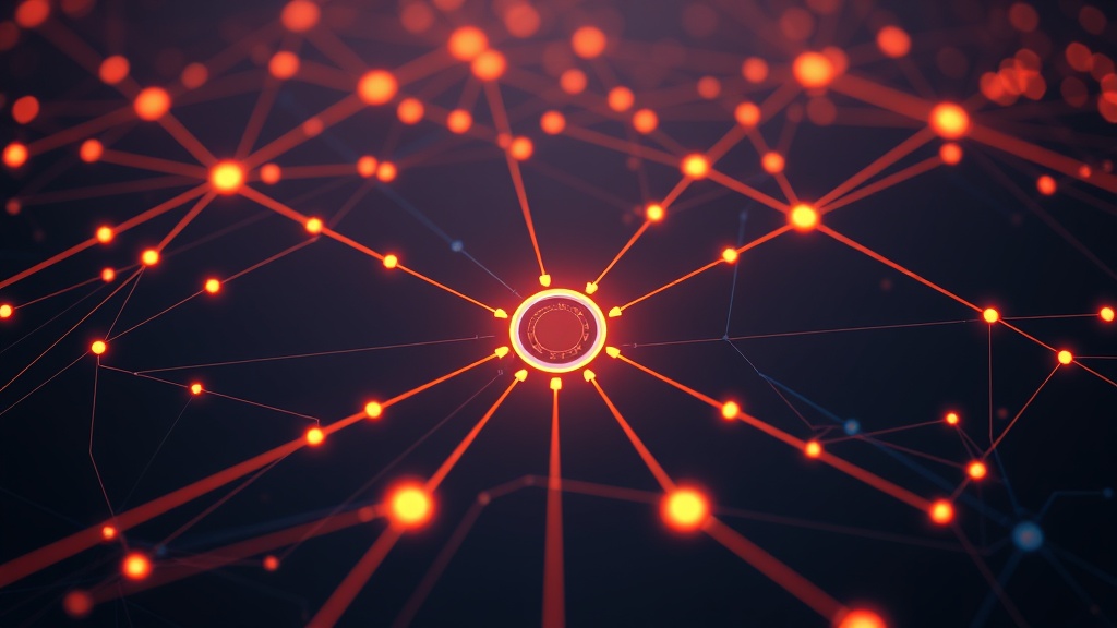 Abstract network of routing nodes and branching decision paths in navy and orange