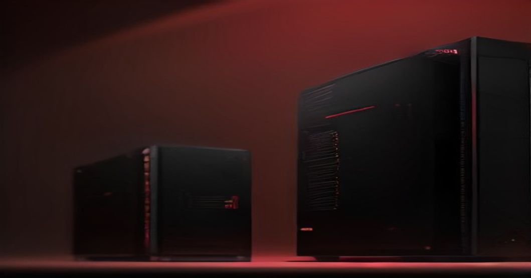 AMD Helios rack-scale AI platform with server racks and red interconnects