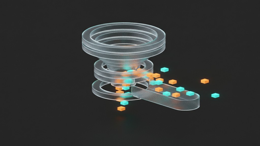 Abstract gate routing a stream of small glowing cubes, with rejected units diverted to the side channel