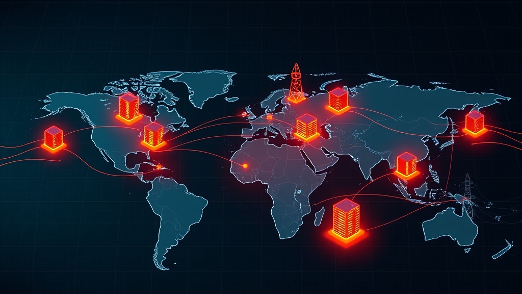 Stylized global map of AI data center infrastructure with server rack nodes and power transmission lines