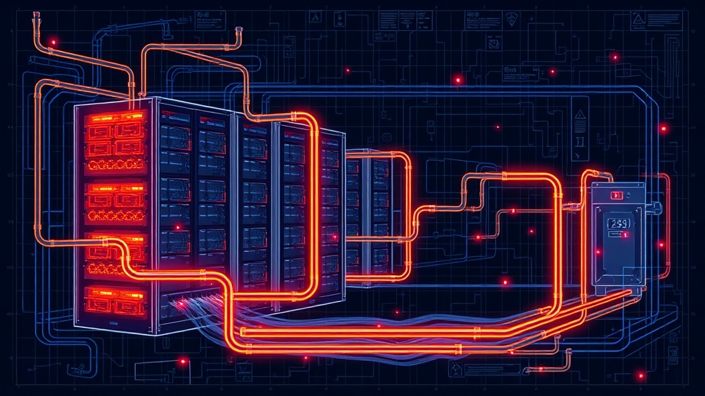 Diagram of data center power and water infrastructure under constraint with warning nodes