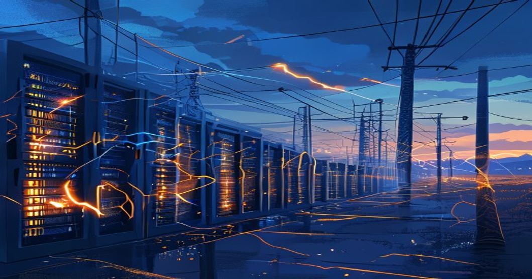AI data center server racks glowing with energy against a dark power grid landscape with voltage spike visualization