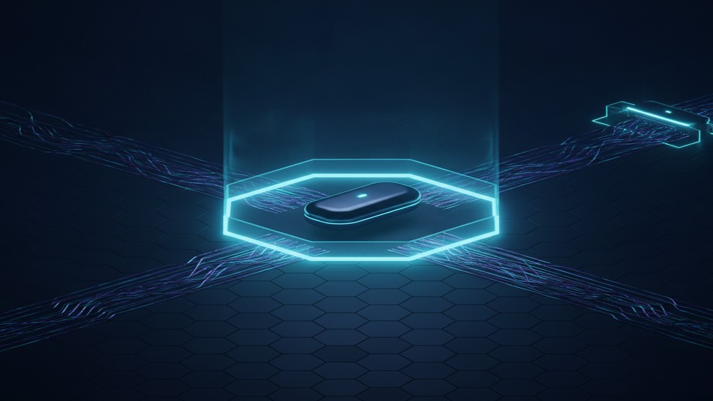 A dark compute capsule sealed inside a luminous hexagonal isolation boundary, linked by data conduits to a distant routing hub