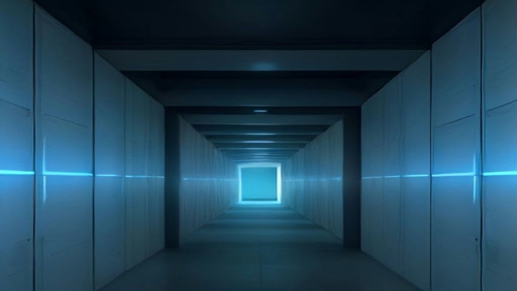 Abstract render of an illuminated gate aperture with nodes queued before it