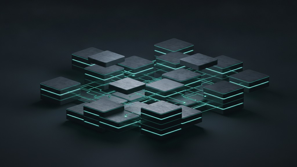 Isometric render of modular blocks wired into an interconnected server lattice