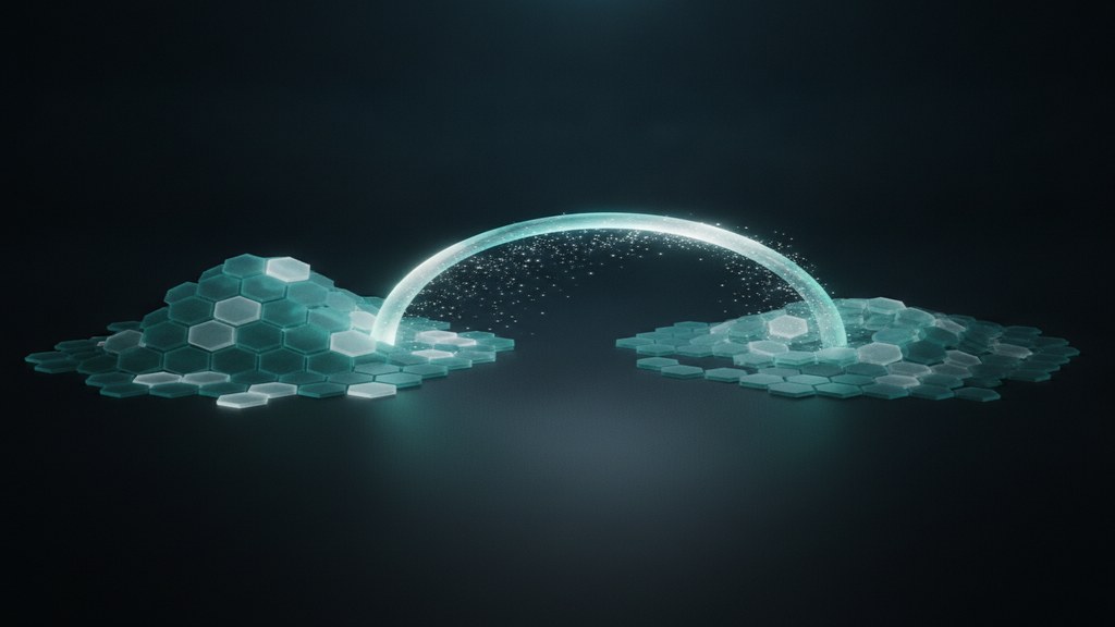 A bridge of light connecting two separate arrangements of silicon tiles