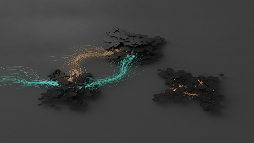 Luminous data threads fanning into three separate clusters of silicon tiles