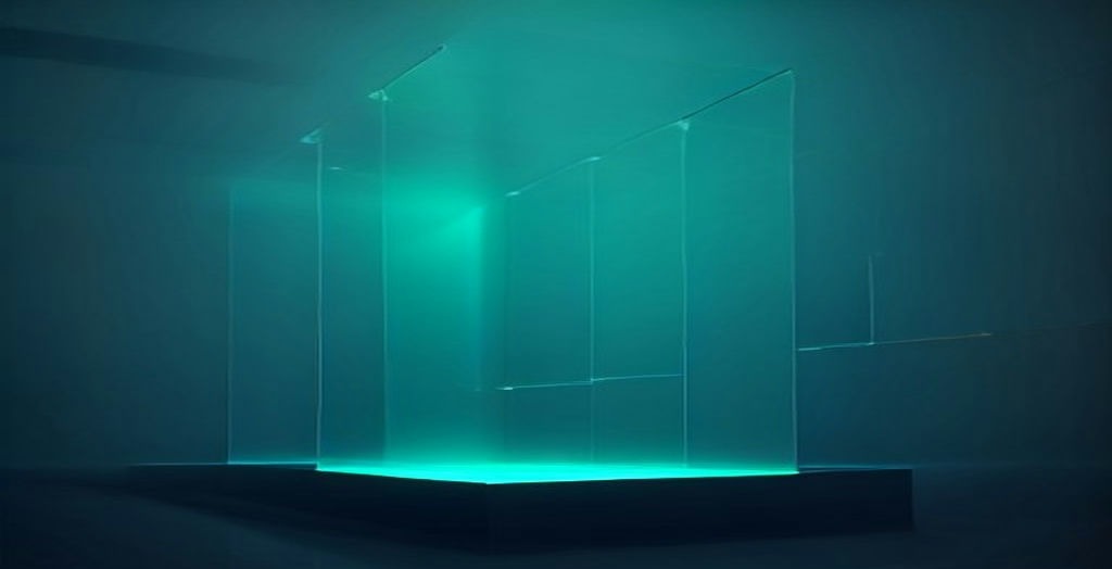 Ascending translucent glass slabs on a dark grid, one highlighted in amber to mark a benchmark score jump
