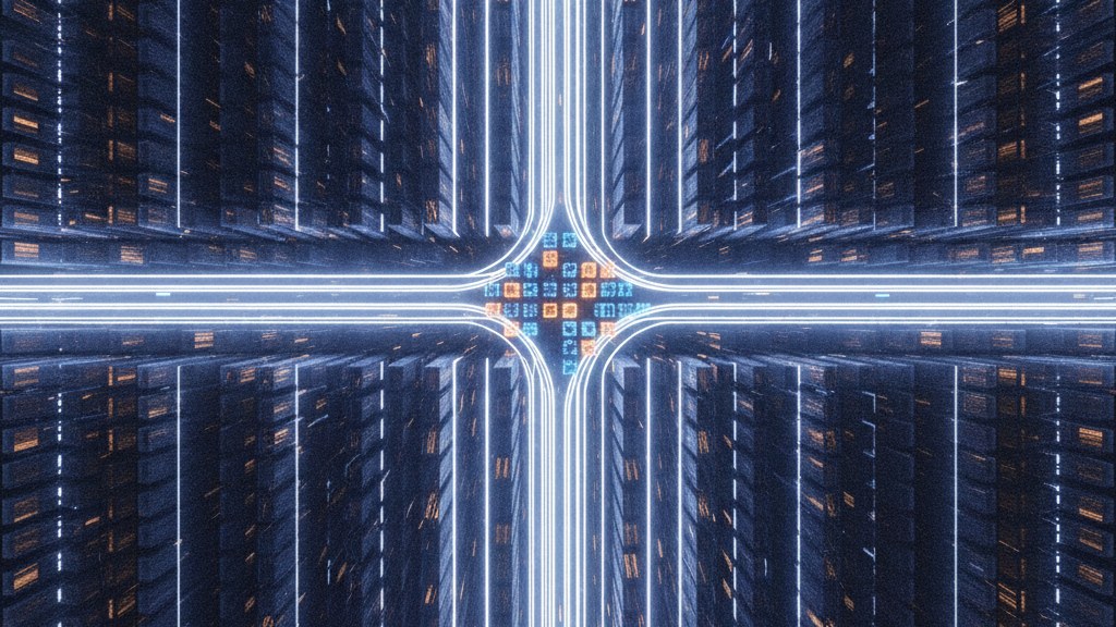 Geometric grid of stacked modular structures with glowing channels
