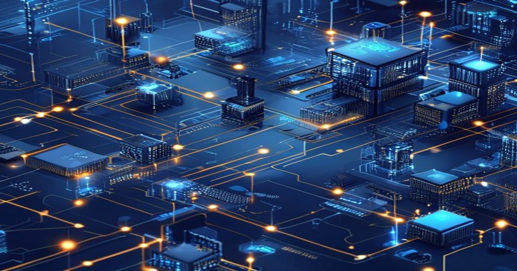 Editorial illustration of Nscale acquiring Anyscale — AI compute infrastructure with dark blue and silver tones