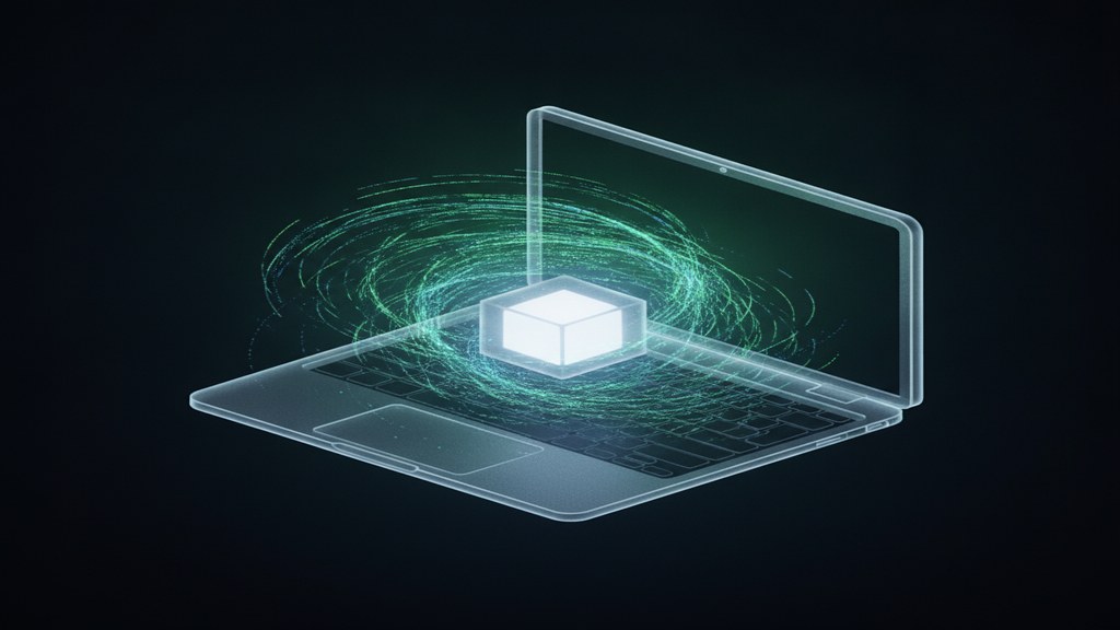 A single luminous model cube contained inside a translucent laptop chassis