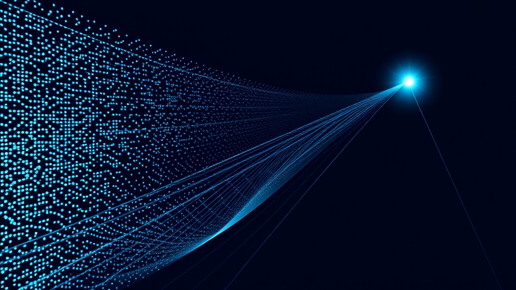 A broad field of glowing data nodes narrowing into a single bright processing node