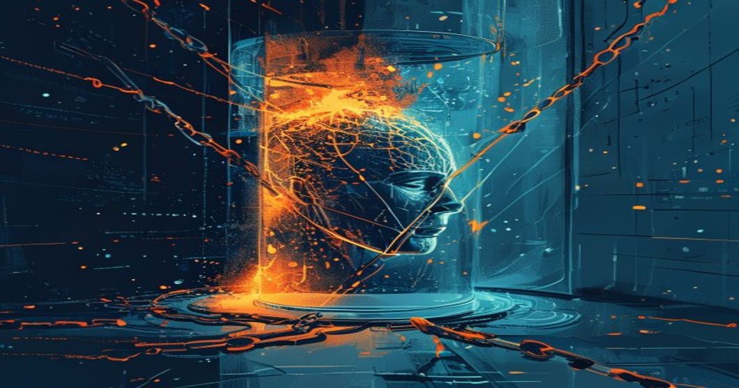AI neural network breaking through containment, with code streams escaping into cyberspace