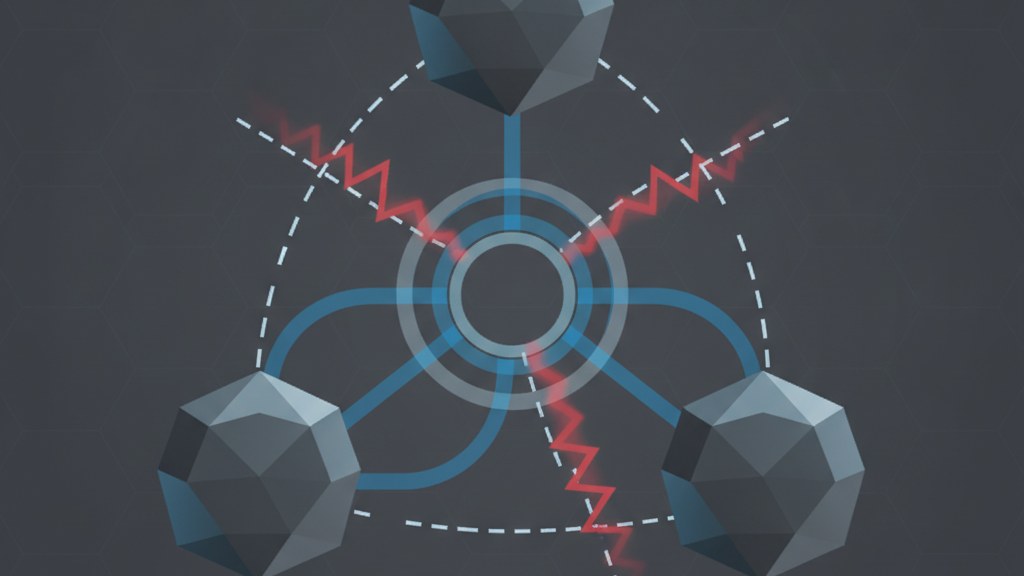 Abstract diagram of provider nodes linked to a monitoring hub with interrupted red routes