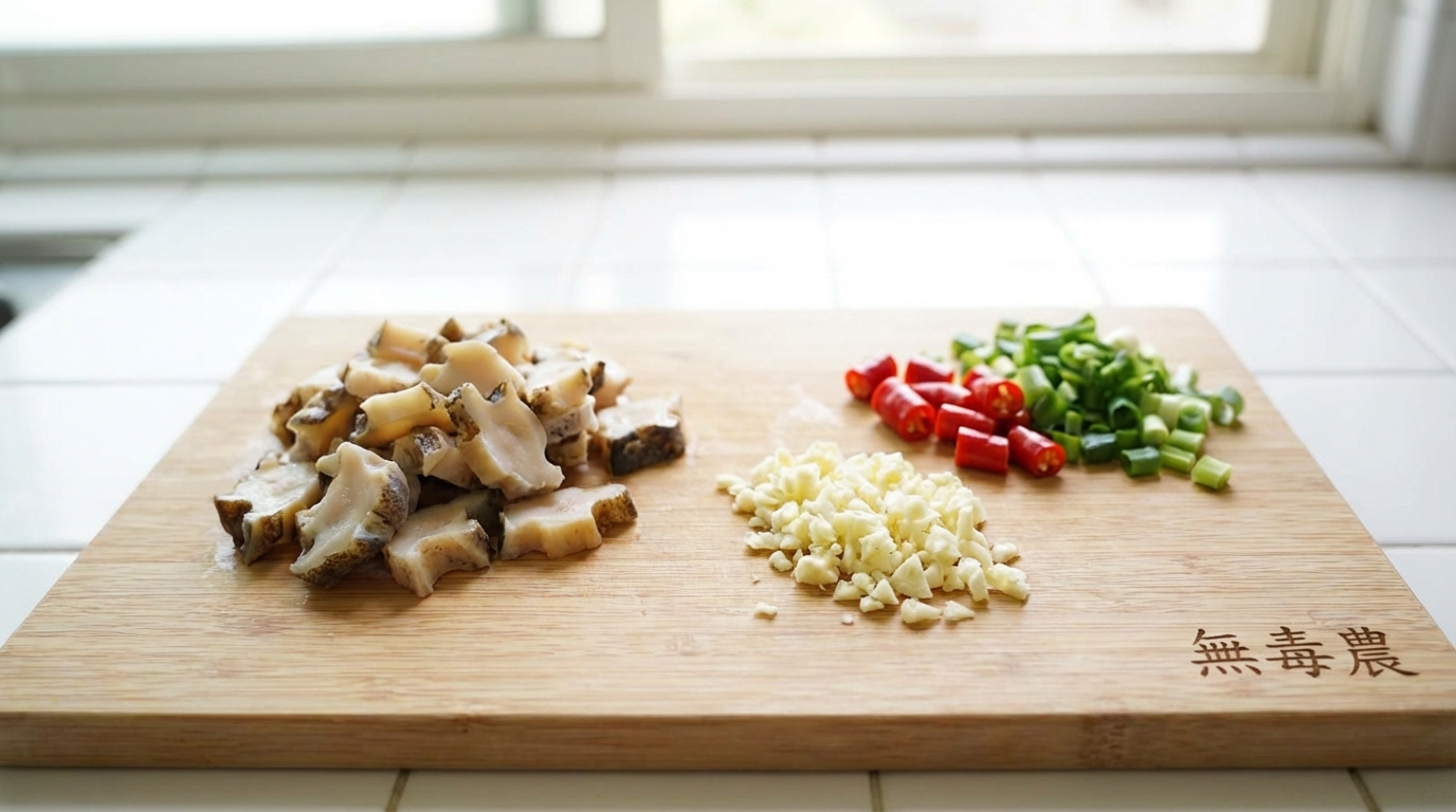 準備好的蒜香海螺片食材，包含海螺片、蒜末、辣椒與蔥花