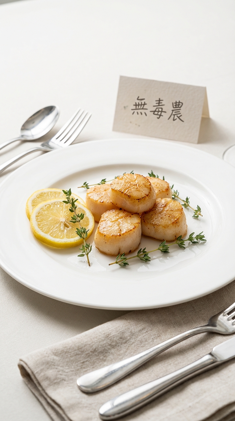 擺盤享用香煎干貝