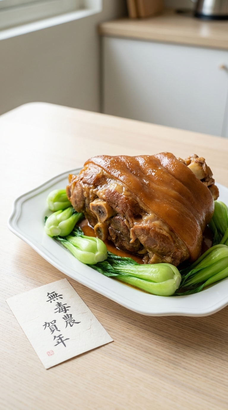 年菜擺盤步驟：將富貴蹄膀盛盤裝飾